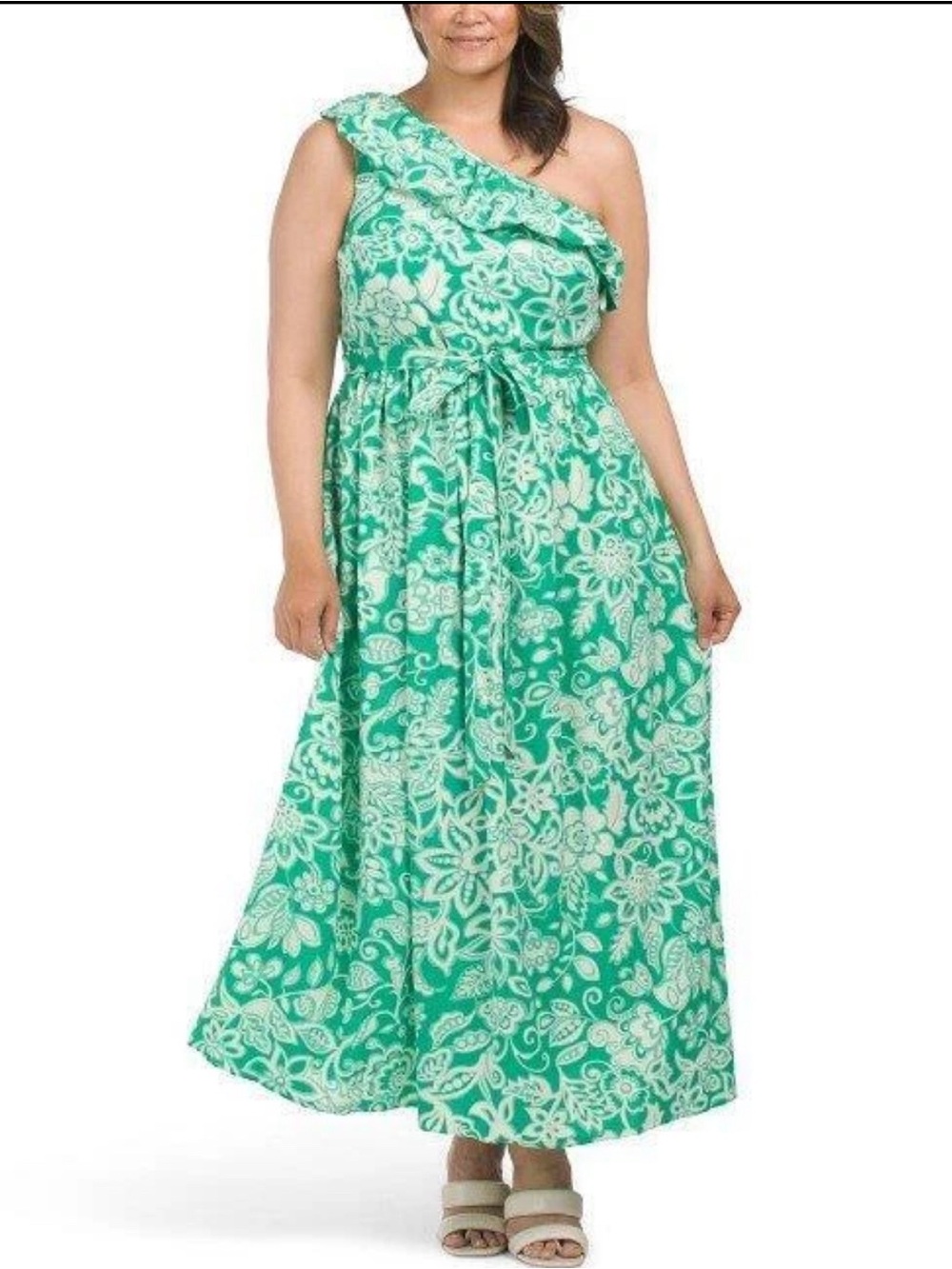 Maison Tara One-Shoulder Green Floral Maxi Dress Size 16